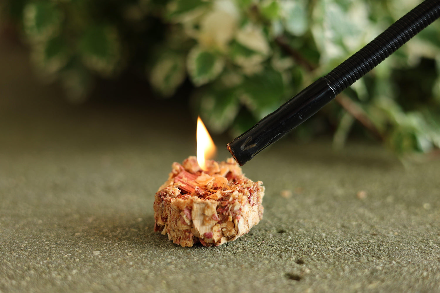 Hexagon cedar fire starter made from upcycled red cedar shavings and beeswax, perfect for camping or home use, burning for up to 10 minutes