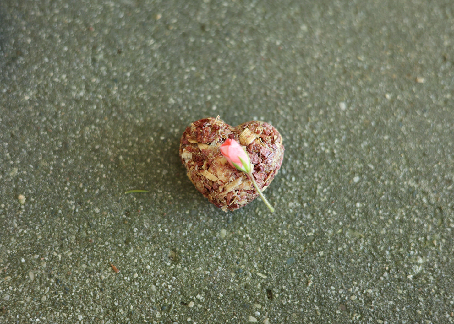 Small heart-shaped fire starter with a red hue, made from cedar and beeswax for sustainable fires