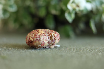 Small heart-shaped fire starter with a red hue, made from cedar and beeswax for sustainable fires